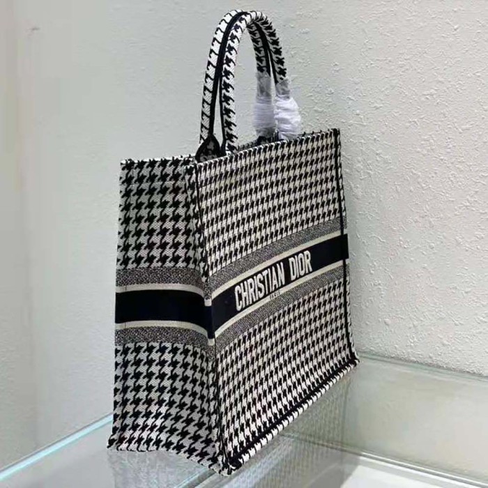 Dior Women Book Tote Black and White Houndstooth Embroidery