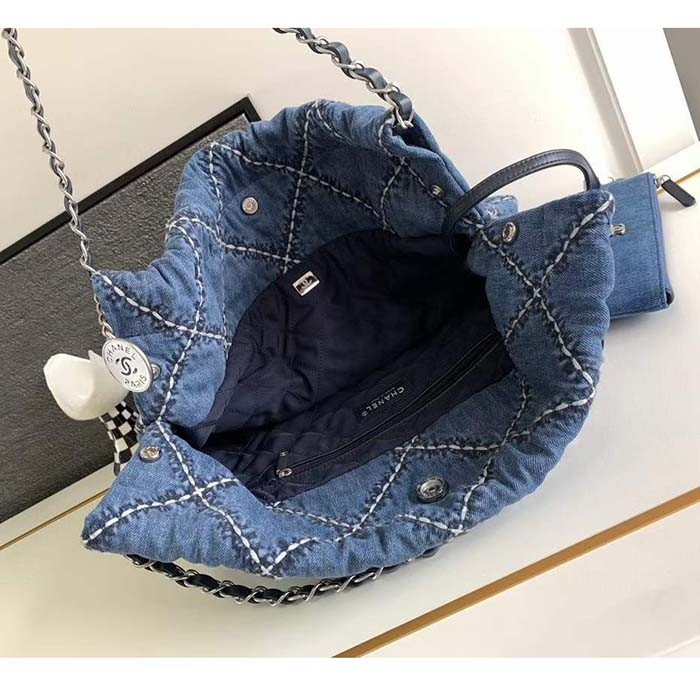 Chanel Women CC 22 Small Handbag Stitched Denim Silver Metal Blue