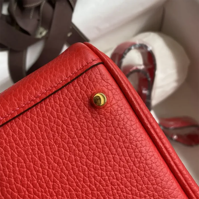 Hermes Women Lindy Mini 19 in Clemence Leather-Red/Gold