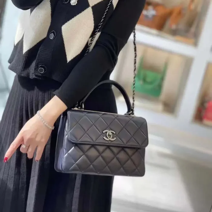 Chanel Women Mini Flap Bag with Top Handle Lambskin-Navy