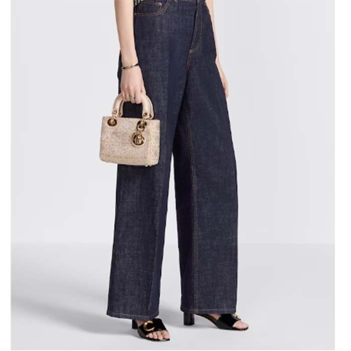 Dior Women CD Mini Lady Bag Caramel Beige Cannage Cotton Embroidered Micropearls