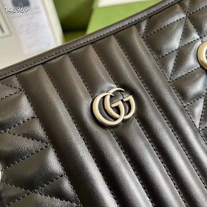 Gucci Unisex GG Marmont Medium Tote Bag Black Matelassé Leather Double G
