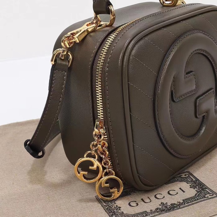 Gucci Women GG Blondie Top Handle Bag Brown Leather Round Interlocking G