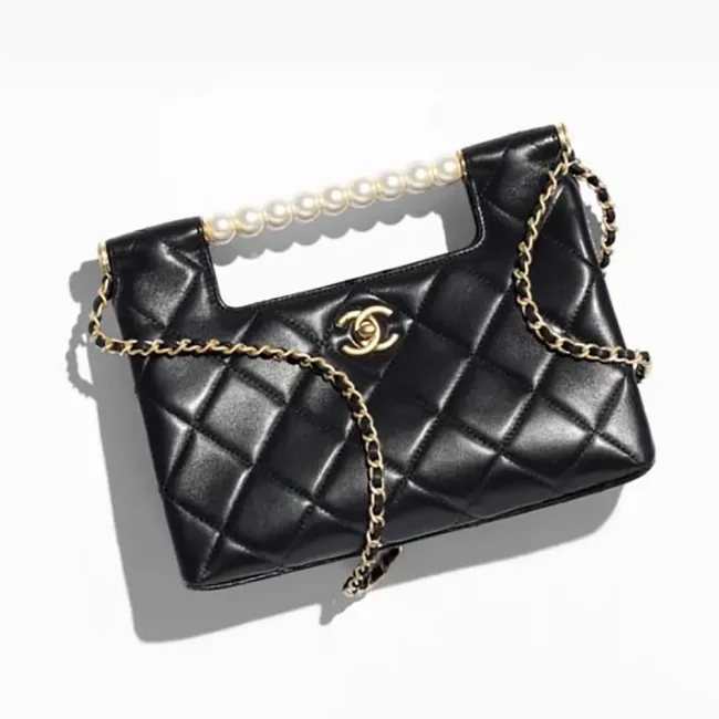 Chanel Women Small Shopping Bag Shiny Lambskin Imitation Pearls Gold Tone Metal