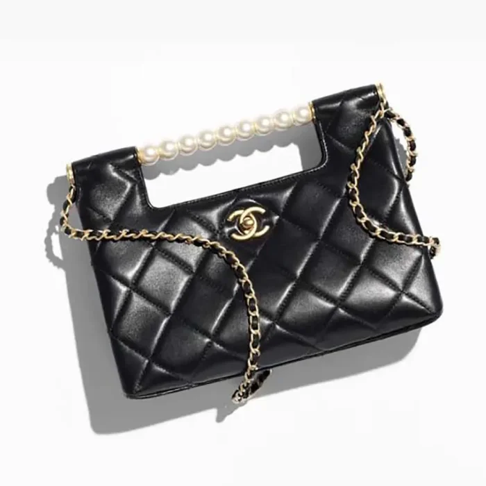 Chanel Women Small Shopping Bag Shiny Lambskin Imitation Pearls Gold Tone Metal