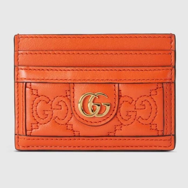 Gucci Women GG Matelassé Card Case Orange Leather Double G Four Card Slots