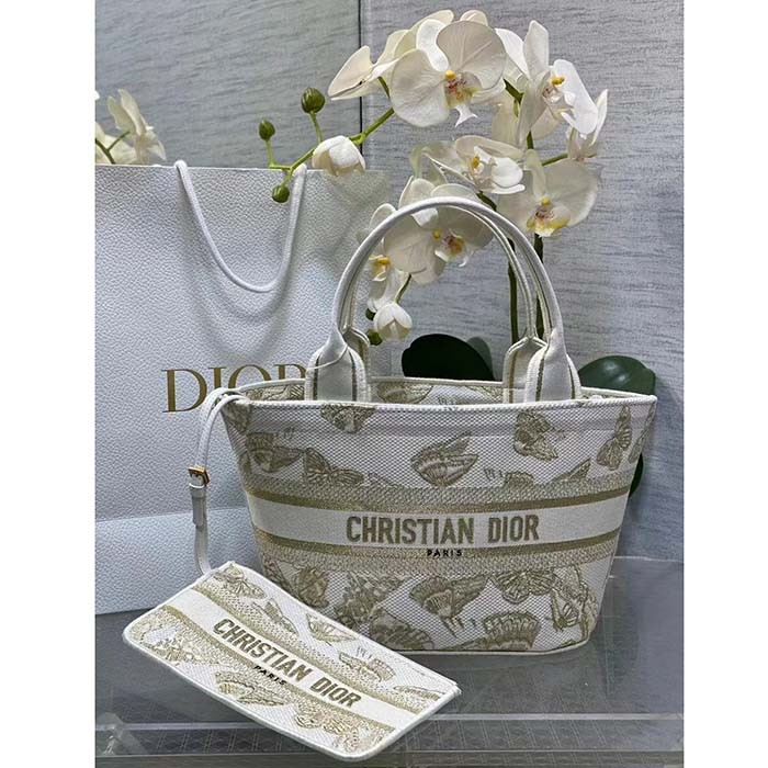 Dior Women CD Hat Basket Bag White Gold-One Gradient Butterflies Embroidery