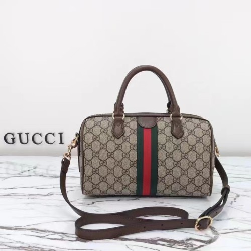 Gucci GG Unisex Ophidia GG Small Top Handle Bag Beige Ebony GG Supreme Canvas Brown Leather