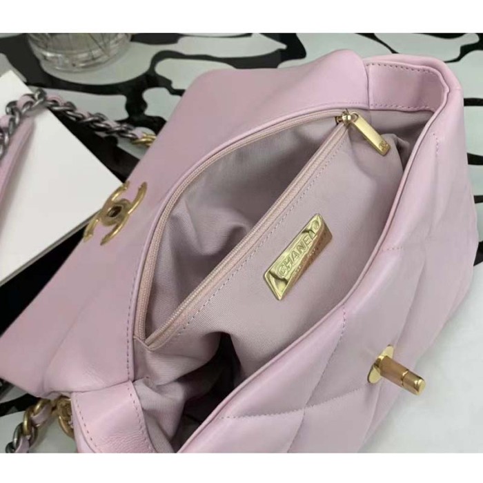 Chanel Women Chanel 19 Flap Bag Pink Lambskin Gold Silver-Tone Ruthenium-Finish Metal