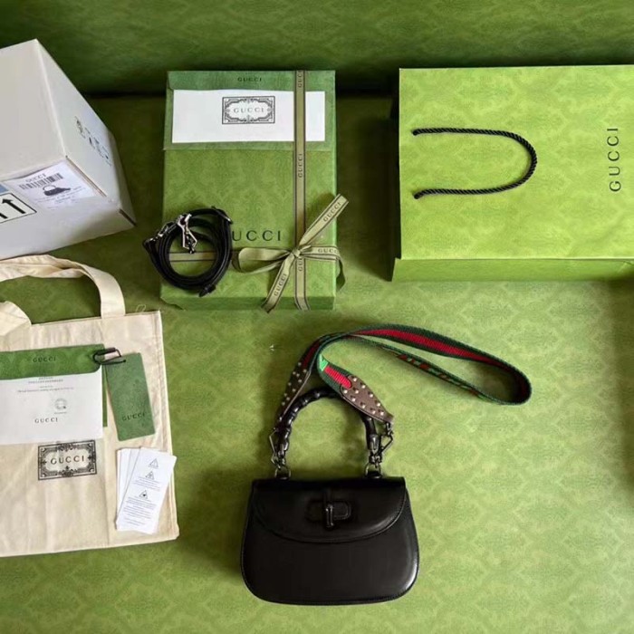 Gucci GG Women Small Top Handle Bag with Bamboo Black Leather