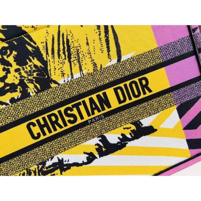 Dior Unisex CD Large Book Tote Yellow Pink D-Jungle Pop Embroidery