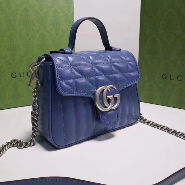 Gucci Women GG Marmont Mini Top Handle Bag Blue Matelassé Leather Double G