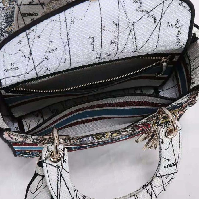 Dior Women Medium Lady D-lite Bag Latte Multicolor Dior Constellation Embroidery-White