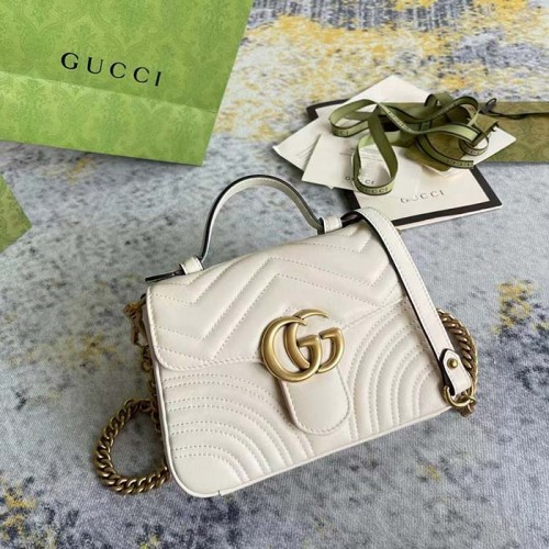 Gucci Women GG Marmont Mini Top Handle Bag White Matelassé Chevron Leather Heart Double G
