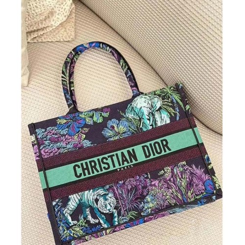 Dior Women CD Medium Book Tote Blue Multicolor Toile De Jouy Voyage Embroidery