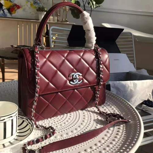 Chanel Women Small Flap Bag with Top Handle in Lambskin Leather-Maroon