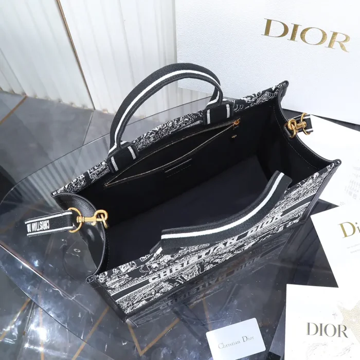 Dior Women Medium Dior Book Tote Black and White Plan de Paris Embroidery with Black Calfskin