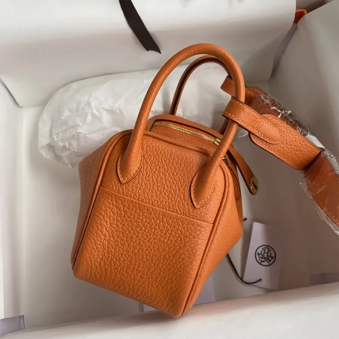 Hermes Women Lindy Mini 19 in Clemence Leather-Orange/Gold