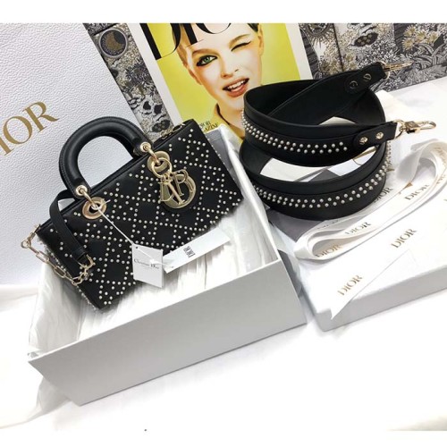 Dior Women CD Small Lady D-Joy Bag Black Crinkle-Effect Lambskin White Resin Half-Pearl Cannage