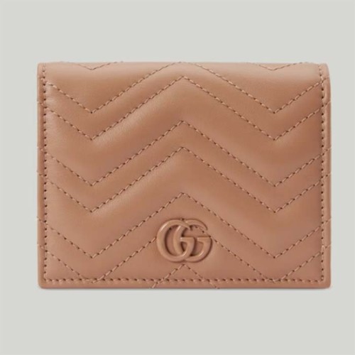 Gucci Unisex GG Marmont Matelassé Card Case Wallet Rose Beige Chevron Leather