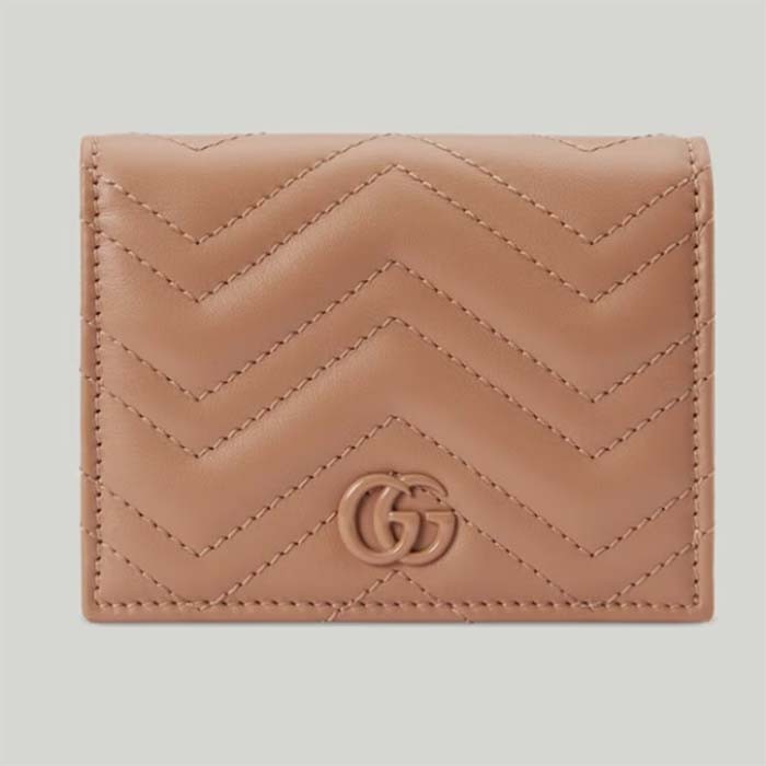 Gucci Unisex GG Marmont Matelassé Card Case Wallet Rose Beige Chevron Leather