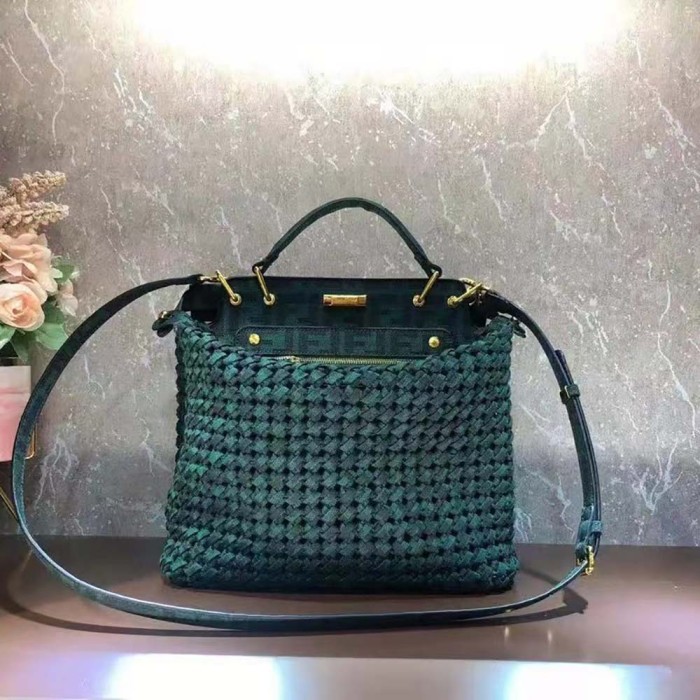 Fendi Women Peekaboo Iconic Medium Jacquard Fabric Interlace Bag-Dark Green