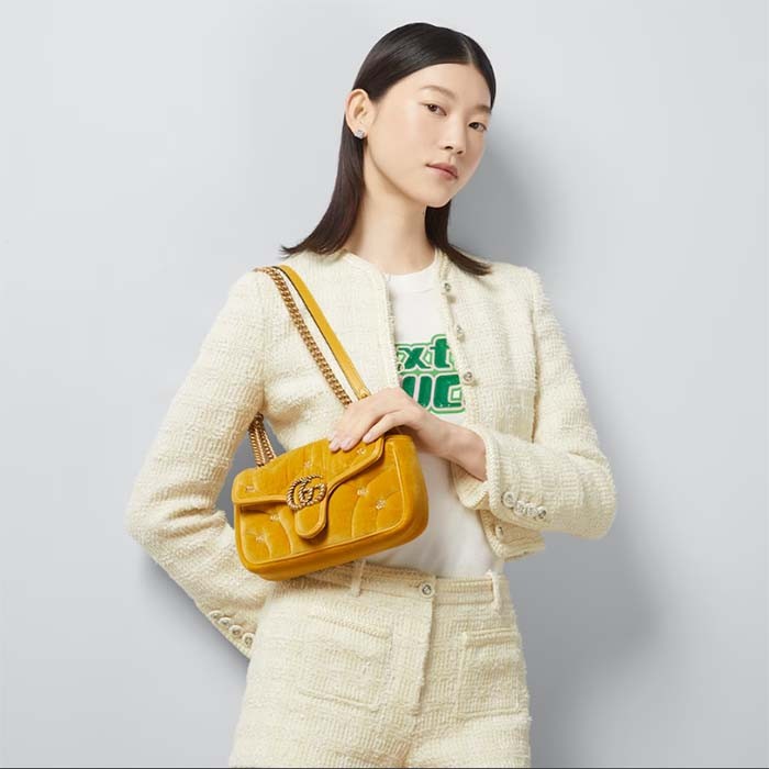 Gucci Women GG Marmont Mini Shoulder Bag Dark Yellow Quilted Chevron Velvet Leather Double G