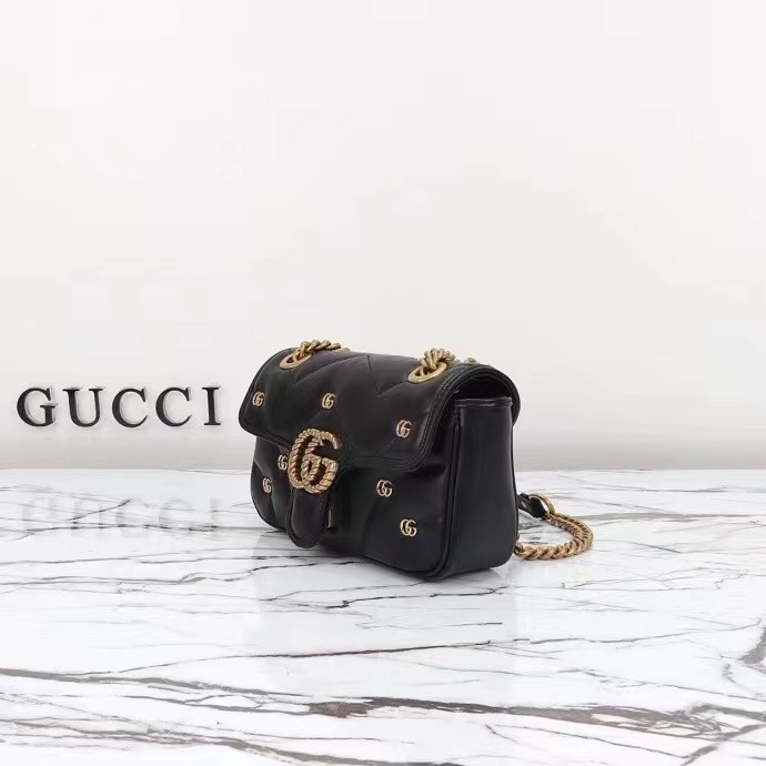 Gucci Women GG Marmont Mini Bag Black Matelassé Chevron Leather Double G