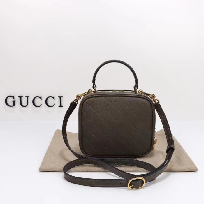 Gucci Women GG Blondie Top Handle Bag Brown Leather Round Interlocking G