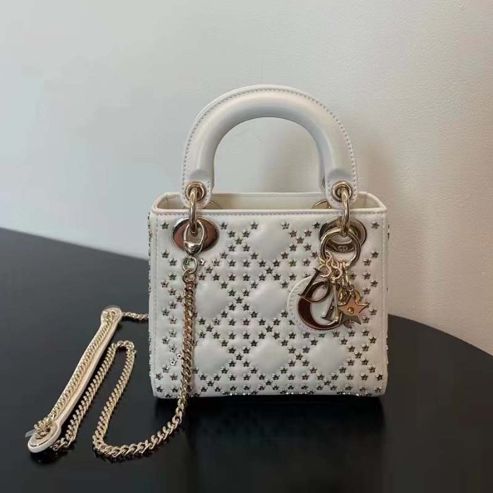 Dior Women CD Mini Lady Dior Bag Latte Lucky Star Cannage Lambskin