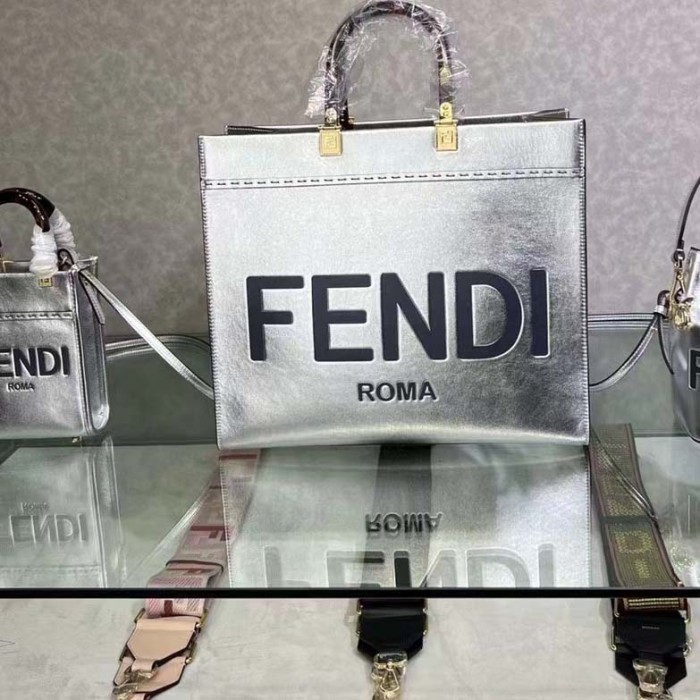 Fendi Women Fendi Sunshine Medium Silver Laminated Leather Shopper