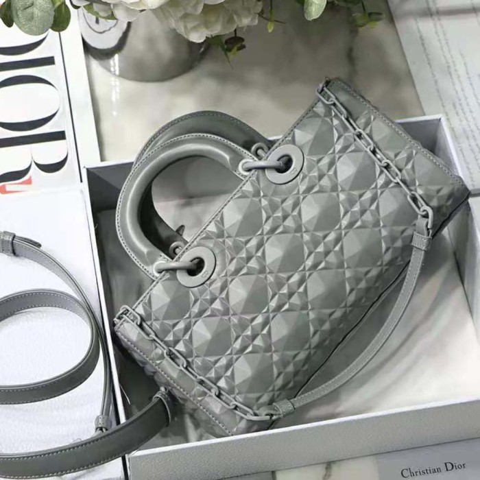 Dior Women Lady D-Joy Bag Gray Cannage Calfskin with Diamond Motif