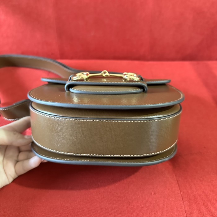 Gucci GG Women Gucci Horsebit 1955 Mini Rounded Bag Brown Leather Cotton Linen Lining