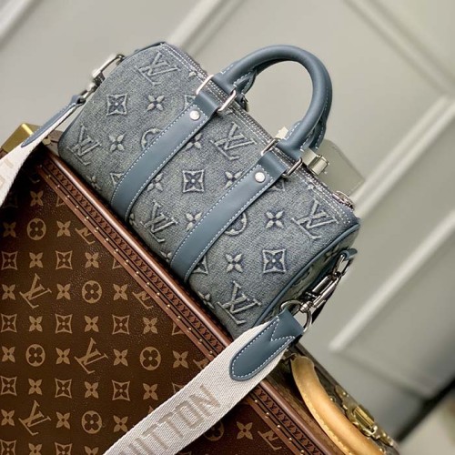 Louis Vuitton LV Unisex Keepall Bandoulière 25 Monogram Washed Denim Canvas Cowhide Leather