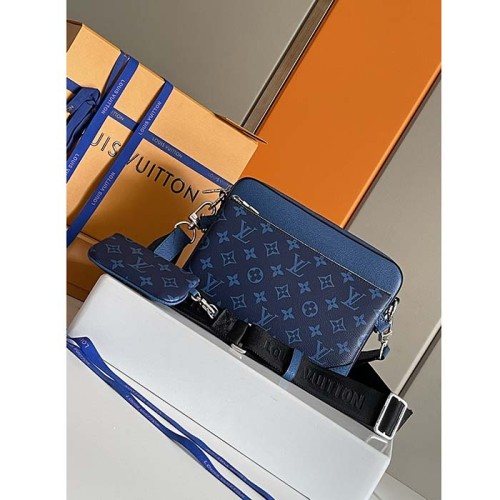 Louis Vuitton LV Unisex Trio Messenger Cobalt Blue Monogram Coated Canvas Taiga Cowhide Leather