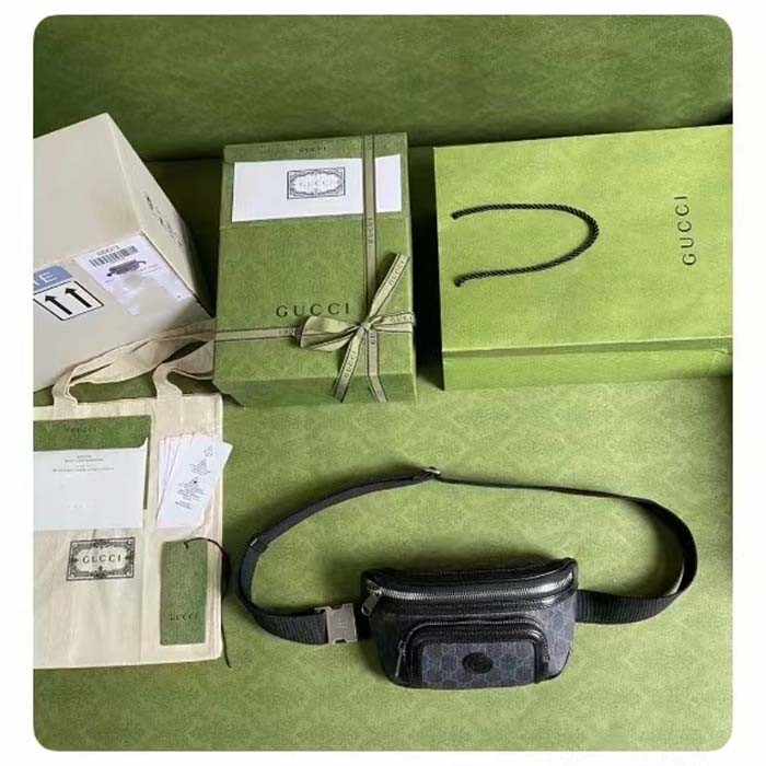 Gucci Unisex GG Black Belt Bag Black Grey Soft GG Supreme Front Zipper Pocket