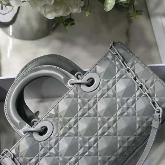 Dior Women Lady D-Joy Bag Gray Cannage Calfskin with Diamond Motif
