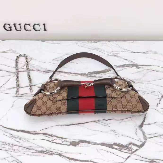 Gucci Women Horsebit Chain Medium Shoulder Bag Beige Ebony Original GG Canvas
