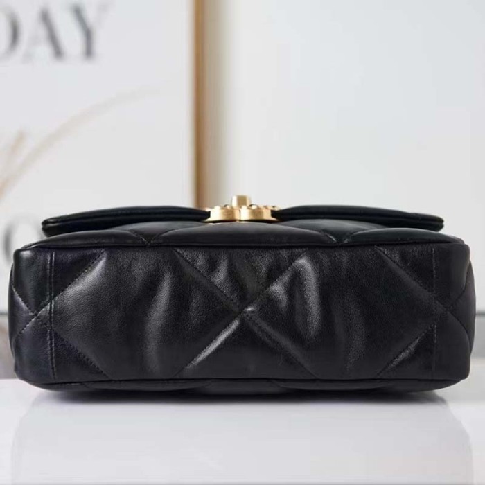 Chanel Women 19 Large Handbag Black Lambskin Gold Silver-Tone Ruthenium-Finish Metal