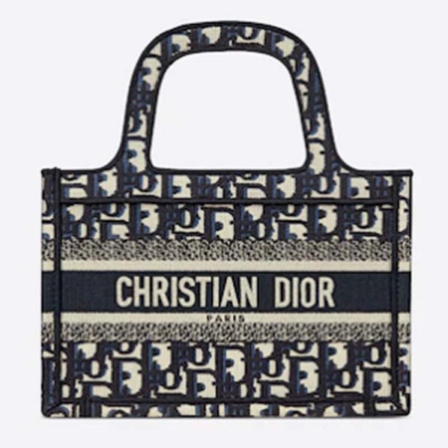 Dior CD Women Mini Dior Book Tote Blue Dior Oblique Embroidery