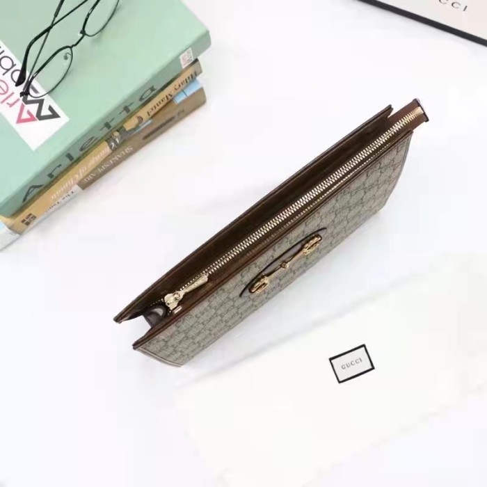 Gucci Unisex GG Horsebit 1955 Pouch Brown Beige Ebony GG Supreme Canvas