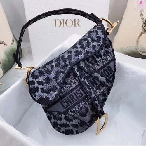 Dior CD Women Saddle Bag Gray Mizza Embroidery Magnetic 'D' Stirrup Closure