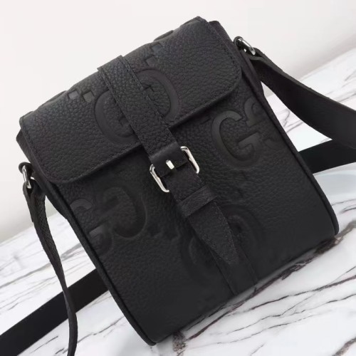 Gucci Unisex Jumbo GG Small Messenger Bag Black Leather Cotton Linen Lining