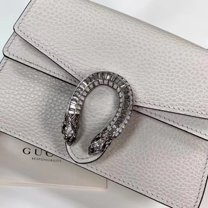 Gucci GG Women Dionysus Mini Top Handle Bag White Leather Crystal Hardware Tiger Head Closure