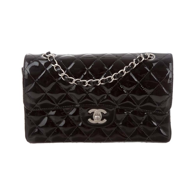 Chanel Women CF Flap Bag in Diamond Pattern Patent Calfskin Leather-Black
