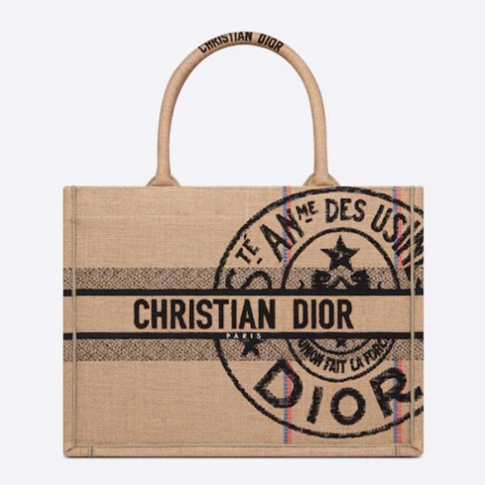 Dior Unisex CD Medium Book Tote Beige Jute Canvas Embroidered Union Motif