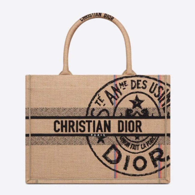 Dior Unisex CD Medium Book Tote Beige Jute Canvas Embroidered Union Motif