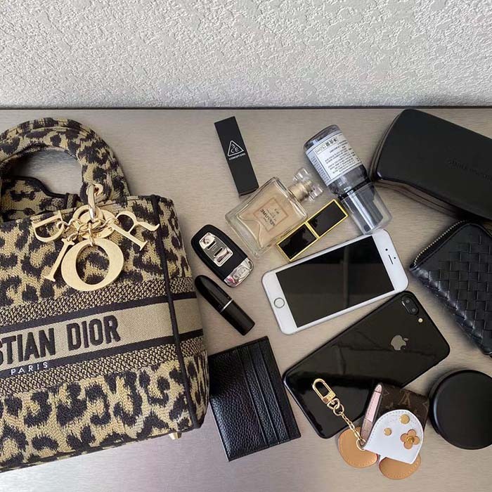 Dior CD Women Medium Lady D-Lite Bag Beige Black Mizza Embroidery