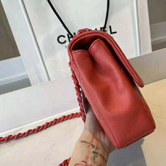 Chanel Women Flap Bag Grained Calfskin Lacquered Metal Coral