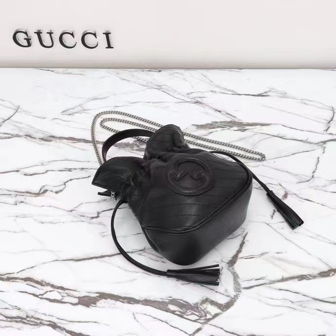 Gucci Women GG Blondie Mini Bucket Bag Black Leather Round Interlocking G